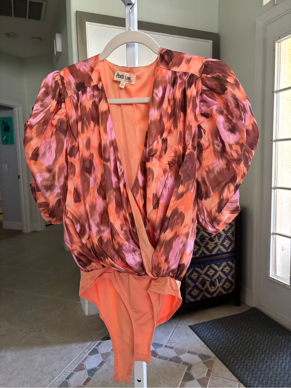 #108 Peach Love California Coral, Pink & Brown Printed Wrap Bodysuit